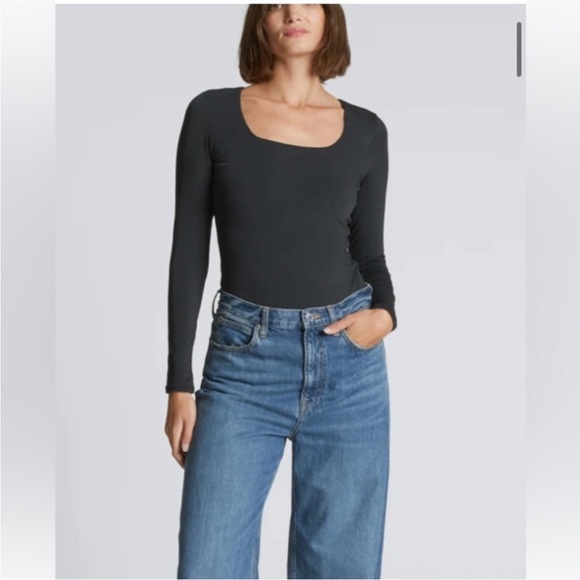 Everlane Bodysuit Square Neck Thong Long Sleeve Black S (2-4) NWT Soft Cotton - Picture 3 of 9